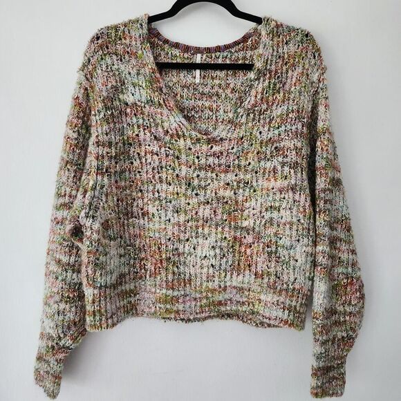 Free People Multi-colored V-Neck large knit pullover oversized sweater size XS - Picture 1 of 8